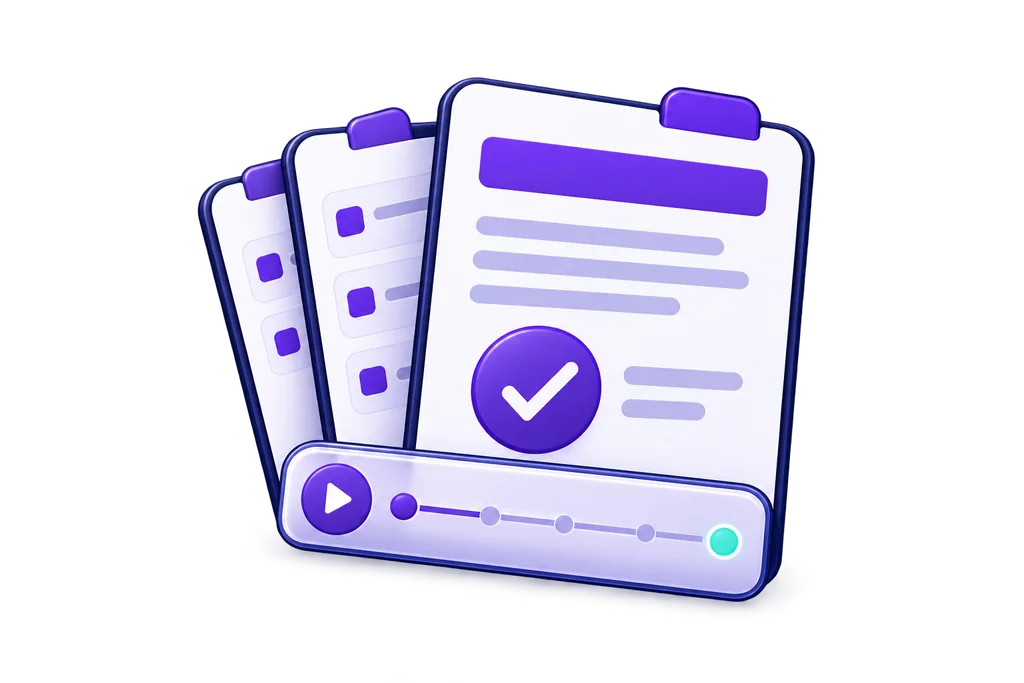 A stack of regulation reports built from one audit, with a verification mark and a session recording timeline.