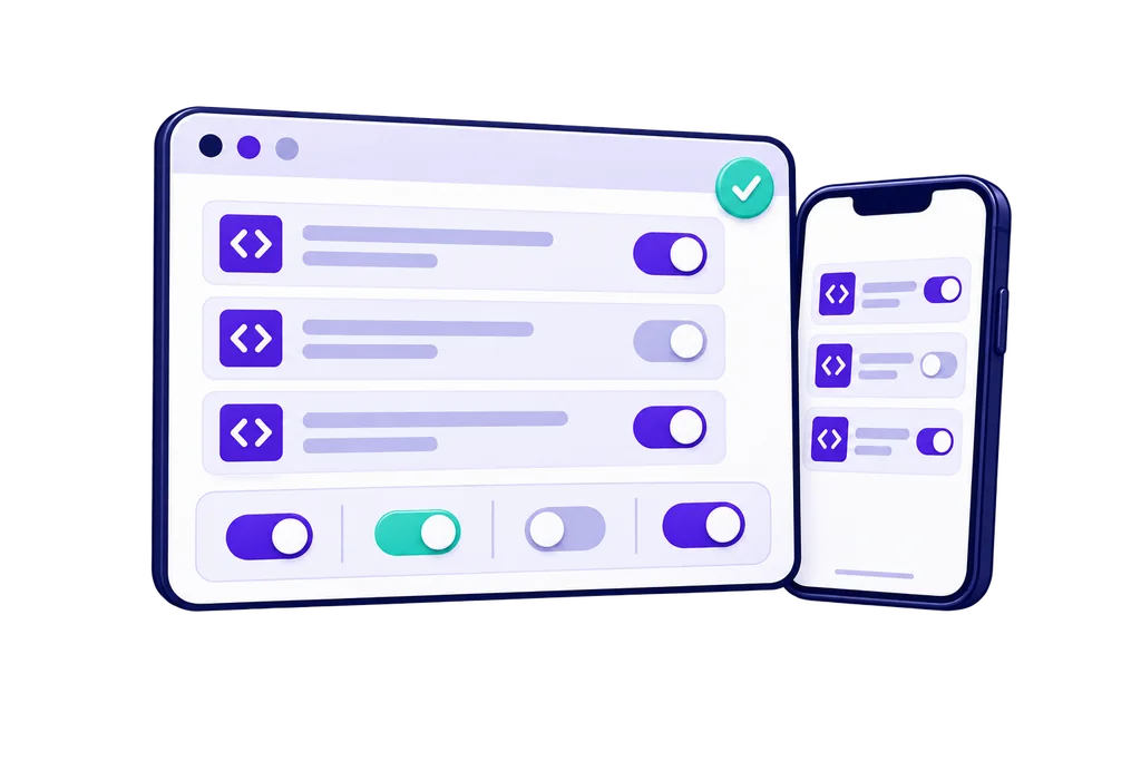 A browser and a matching mobile app list each script with its consent toggle.