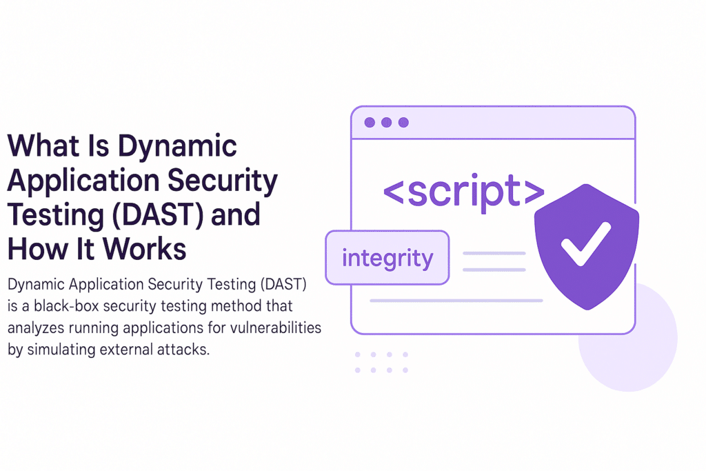 A secure script tag labeled "integrity" with a shield and checkmark, symbolizing DAST (Dynamic Application Security Testing) protection against vulnerabilities in running applications.