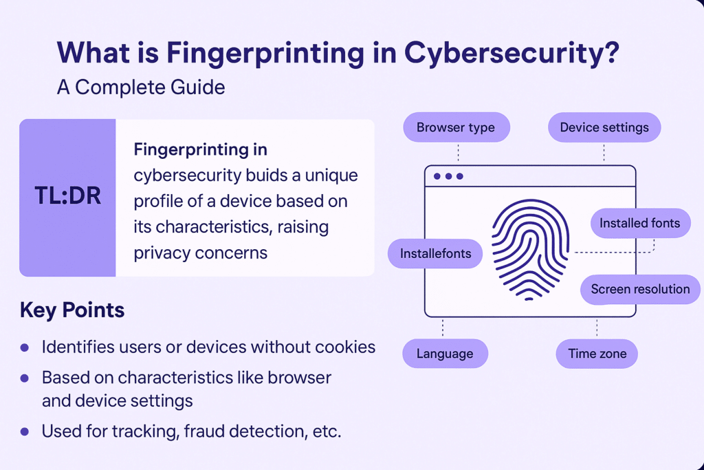 A fingerprint inside a browser window surrounded by labels like browser type and screen resolution, illustrating device fingerprinting for cybersecurity.