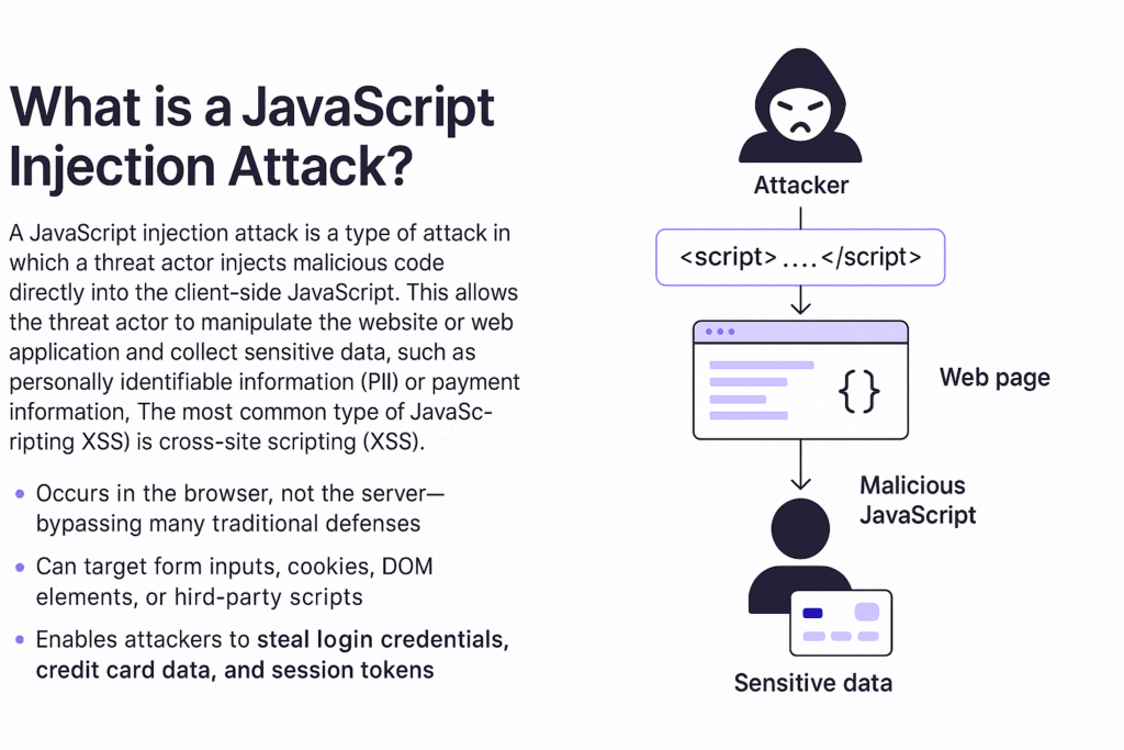 An attacker injecting malicious JavaScript into a web page to steal sensitive data like login credentials and payment information.