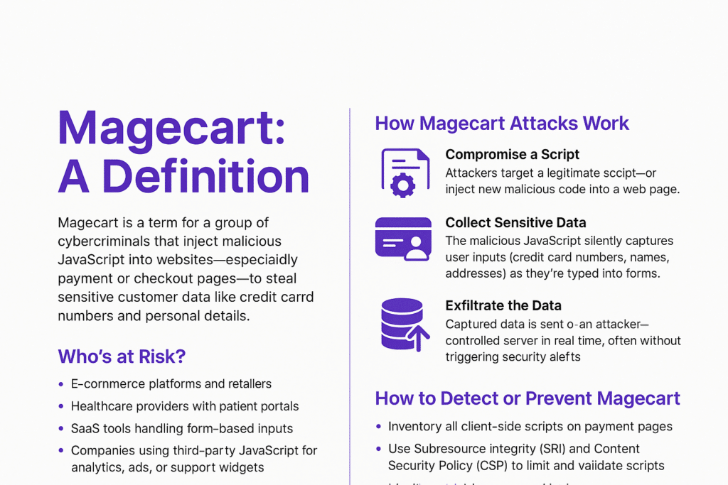 Steps of a Magecart attack showing script compromise, data collection, and exfiltration of sensitive user inputs like credit card information.