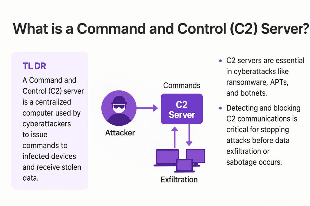 An attacker issuing commands to a C2 server that controls infected devices and exfiltrates stolen data."
