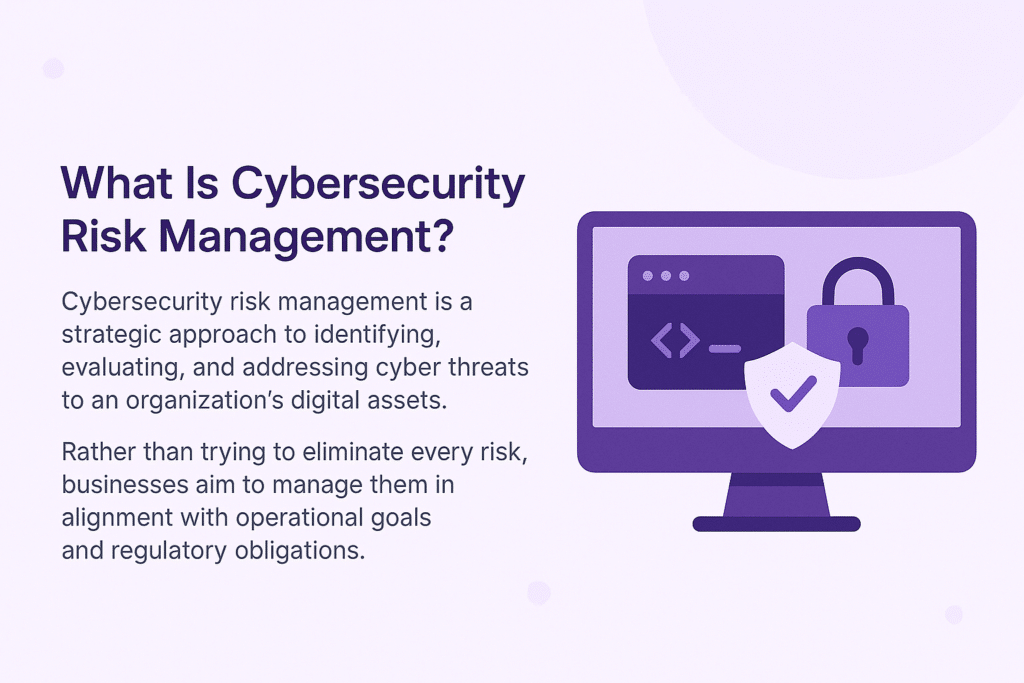 A monitor displaying a code window, padlock, and shield with a checkmark, symbolizing the process of cybersecurity risk management.