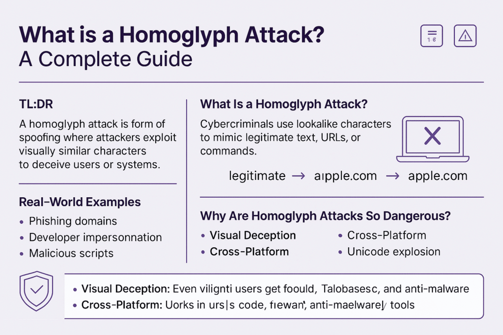 Overview of homoglyph attacks using lookalike characters to spoof domains, deceive users, and bypass security tools.