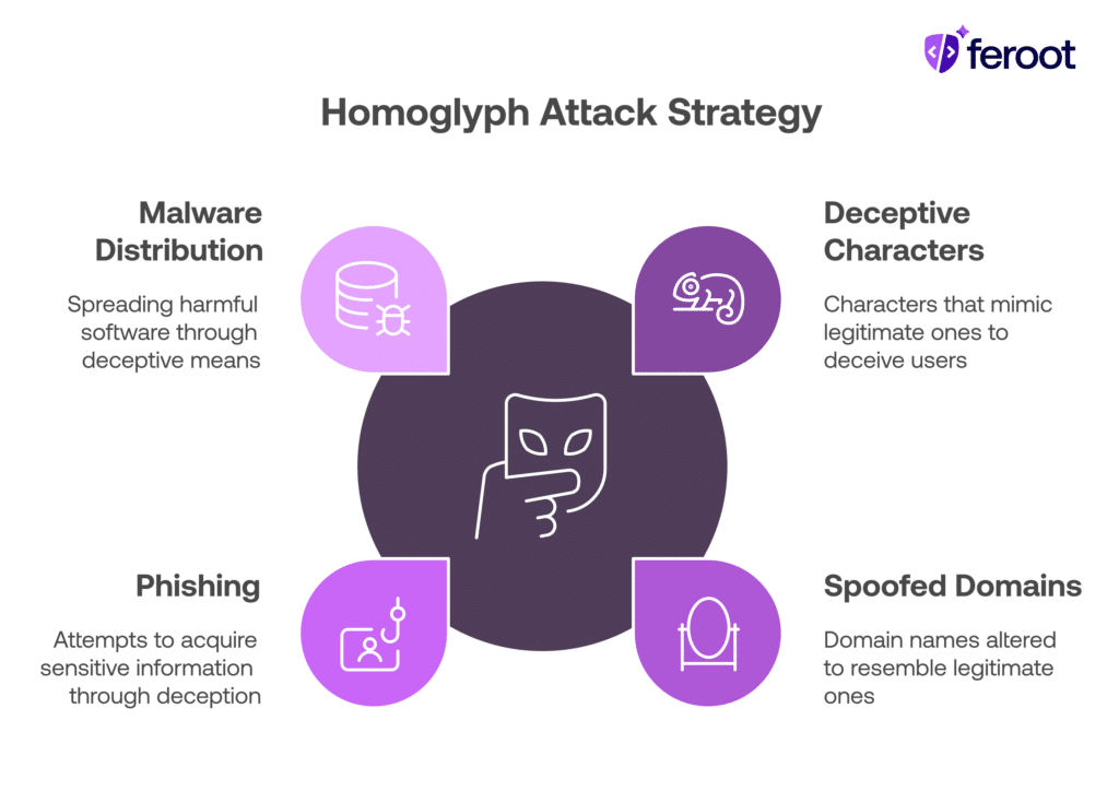 A visual breakdown of homoglyph attack strategies including phishing, spoofed domains, malware distribution, and deceptive characters.