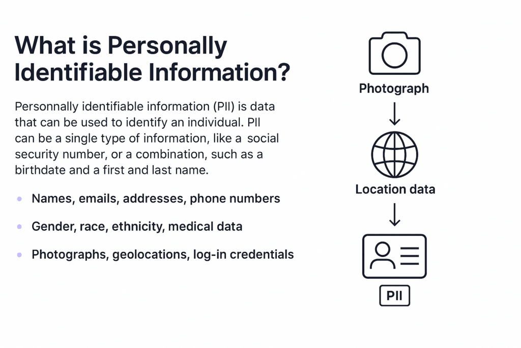 Icons representing photographs, location data, and personal ID, illustrating types of personally identifiable information (PII) such as images and geolocation.