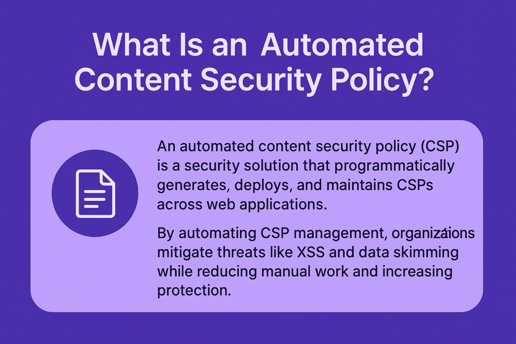 A digital document icon beside a description of automated content security policies, highlighting content security policy (CSP) automation for threat mitigation and reduced manual effort.