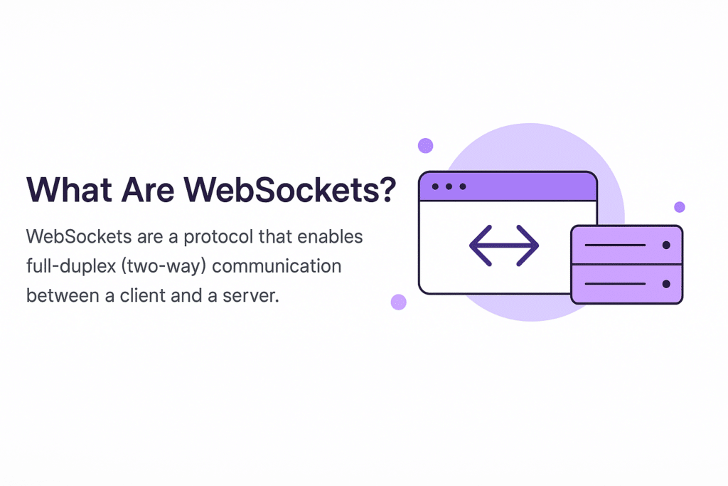 A browser window and server icon connected by a bidirectional arrow, symbolizing two-way WebSocket communication between client and server.