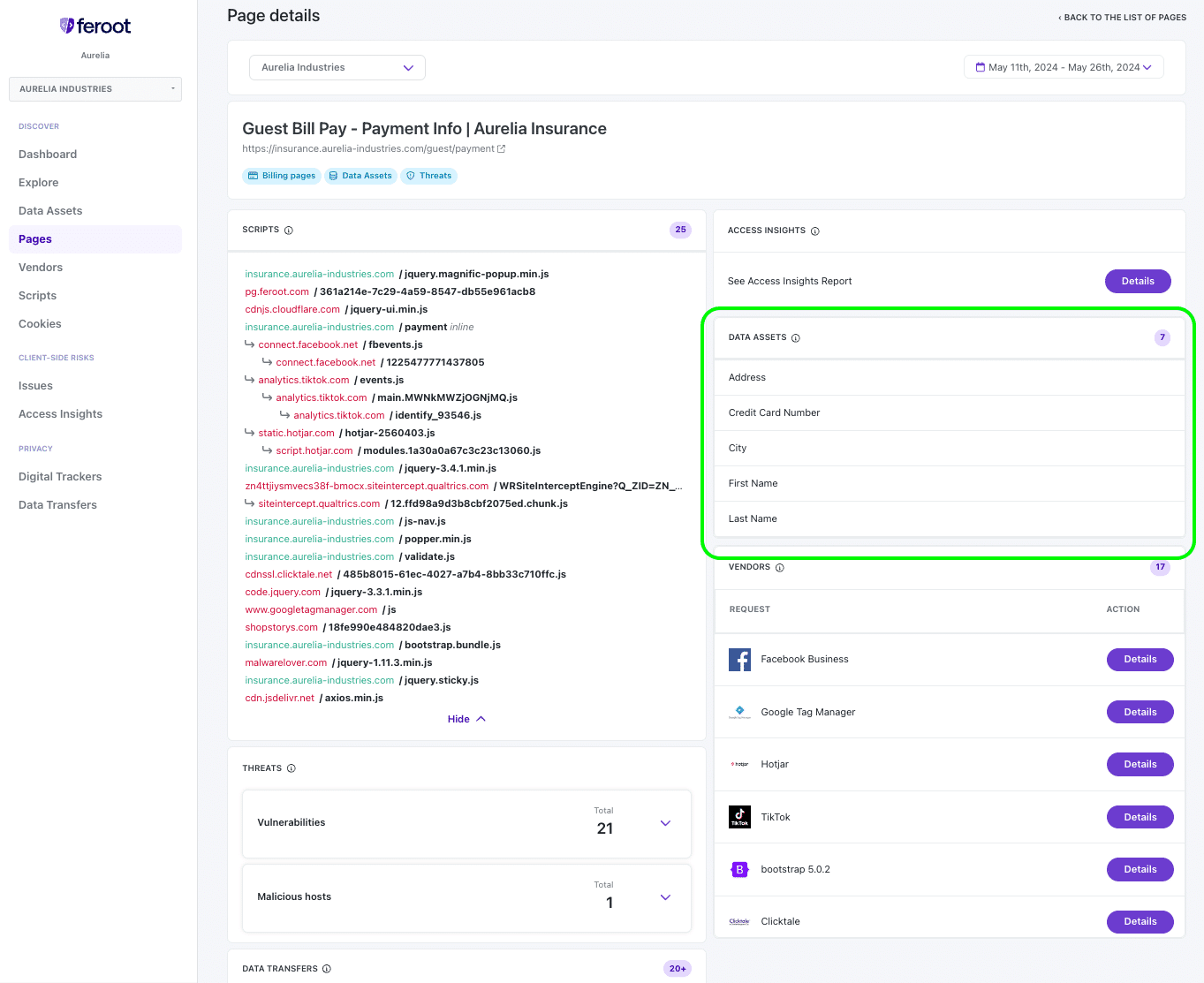 a screenshot of a 'page details' interface with highlighted 'data assets' section