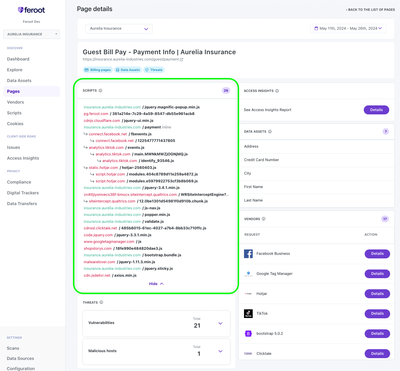 a screenshot of a 'page details' interface with highlighted 'scripts' section