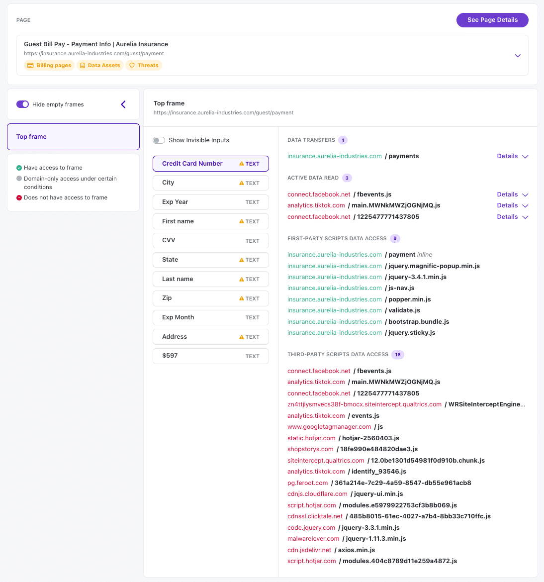 a screenshot of the 'Feroot inspector' interface