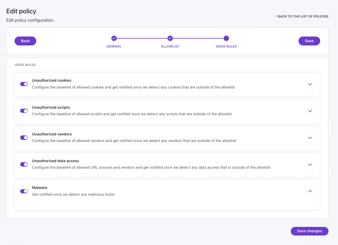 a screenshot of the Feroot Inspector configuration
