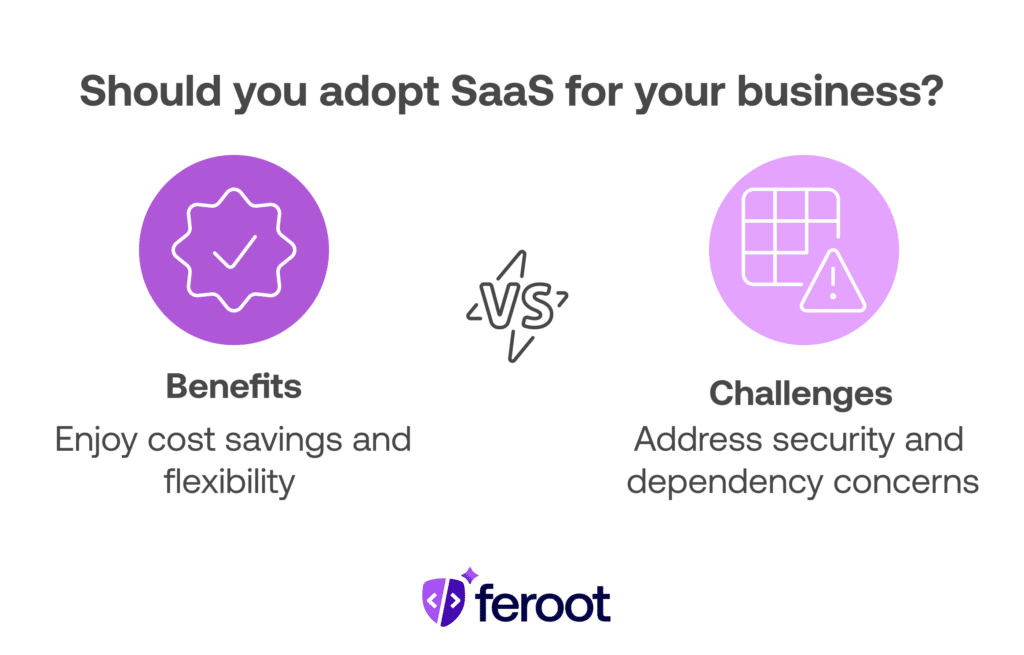 Comparison of SaaS benefits like flexibility and cost savings versus challenges including security and dependency risks.