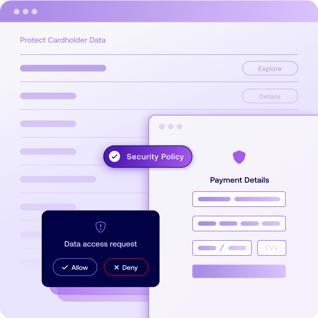 A security dashboard displaying real-time data access requests and payment details, ensuring compliance and client-side protection for e-commerce transactions.