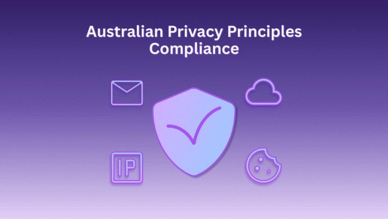 A security shield surrounded by icons for email, IP, cloud, and cookies, symbolizing compliance with Australian Privacy Principles.
