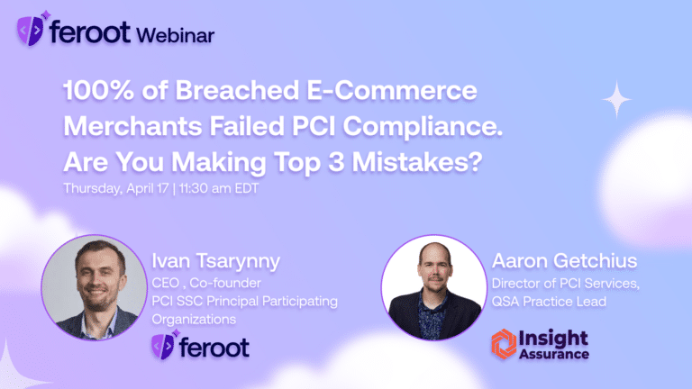 Webinar promotion banner highlighting PCI compliance failures in breached e-commerce merchants, featuring Ivan Tsarynny and Aaron Getchius.