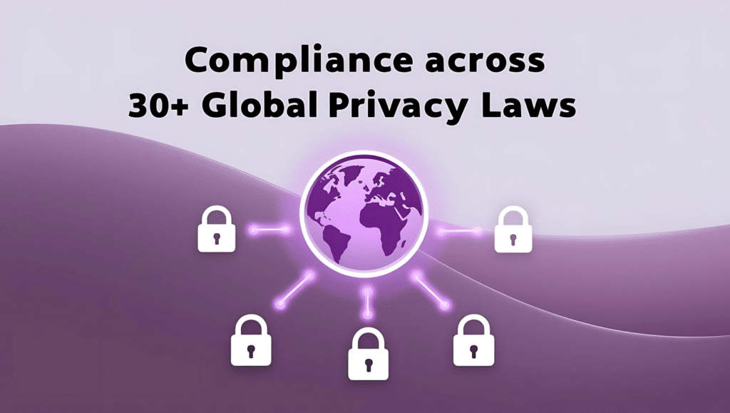 A secured globe connected to multiple locks, representing compliance with over 30 global privacy laws.