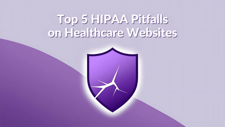 A cracked security shield symbolizing HIPAA compliance failures on healthcare websites.
