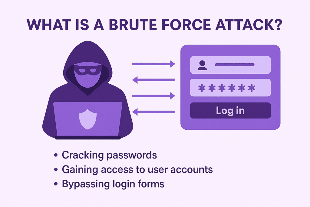 A hacker attempting unauthorized access to user login credentials, illustrating a brute force attack on password security.