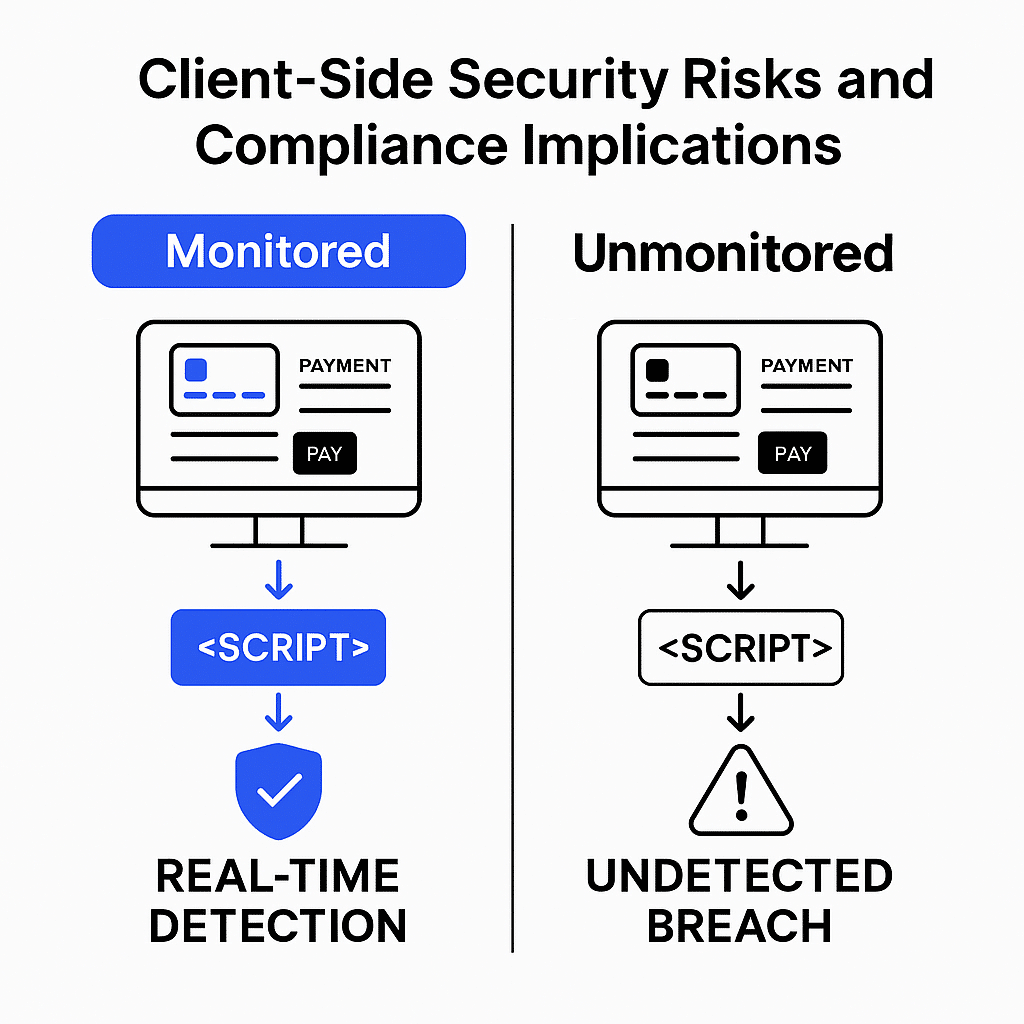 A side-by-side comparison illustrating PCI DSS 4.0 Requirement 11.6.1, showing real-time script detection on monitored payment pages versus undetected breaches on unmonitored ones.