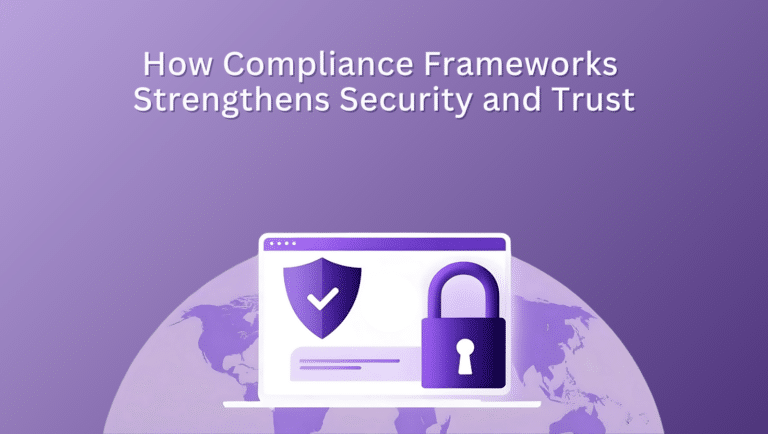 A browser window with a shield and padlock icon in front of a global map, symbolizing compliance-driven cybersecurity and trust.