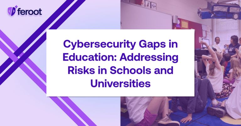 Children in a classroom overlaid with the title 'Cybersecurity Gaps in Education: Addressing Risks in Schools and Universities,' highlighting vulnerabilities in school data systems.