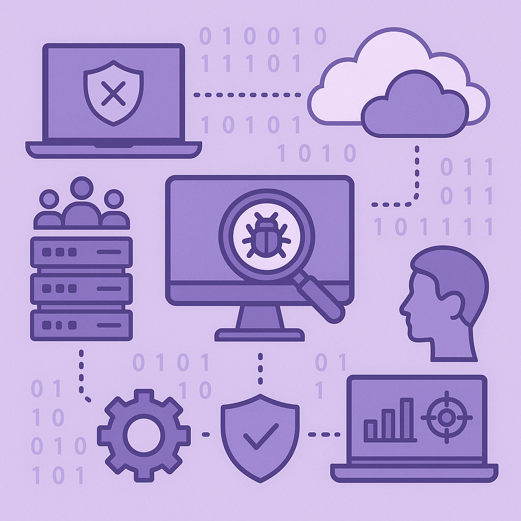 Integrated cybersecurity system icons representing threat detection, cloud security, and human oversight in data breach prevention.