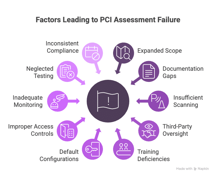 Diagram listing common factors causing PCI DSS assessment failures, including inadequate monitoring and improper controls.