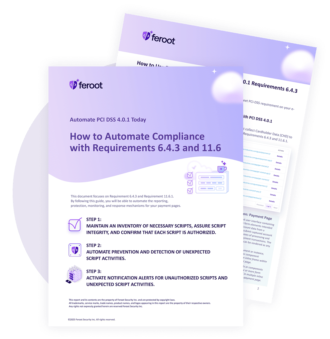 A datasheet titled 'How to Automate Compliance with Requirements 6.4.3 and 11.6' beside a form offering a free download of the Feroot PaymentGuard AI compliance report.