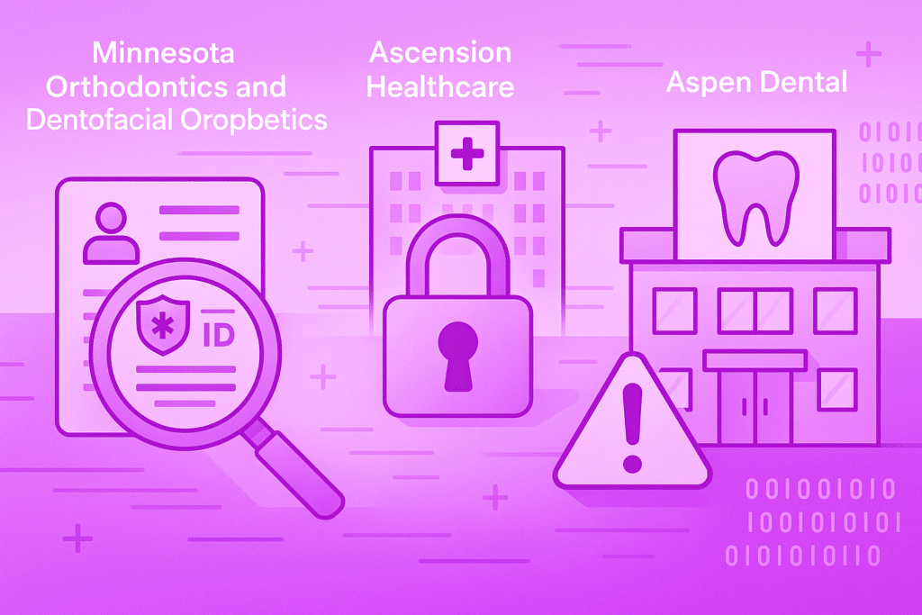 Logos of breached healthcare providers alongside icons of a secure ID, locked hospital, and dental office alert symbol, highlighting PHI exposure risks.