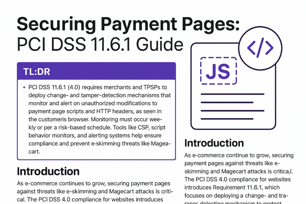 A summary of PCI DSS 11.6.1 highlighting tamper-detection tools and weekly monitoring to protect payment pages from e-skimming threats.