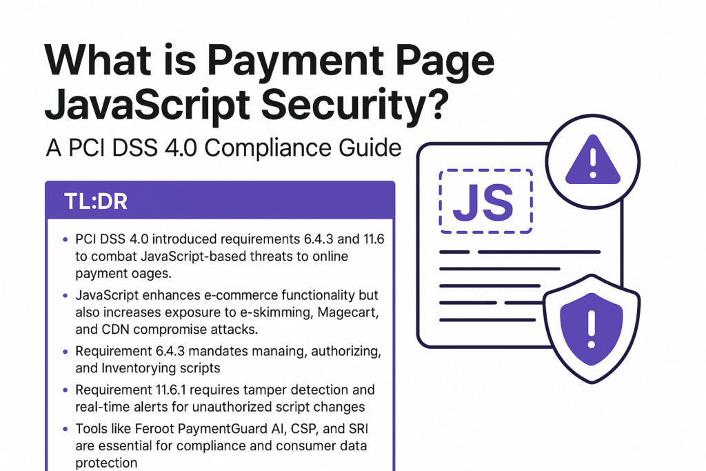 Visual summary of PCI 6.4.3 and 11.6.1 JavaScript security requirements for detecting and managing payment page script threats.