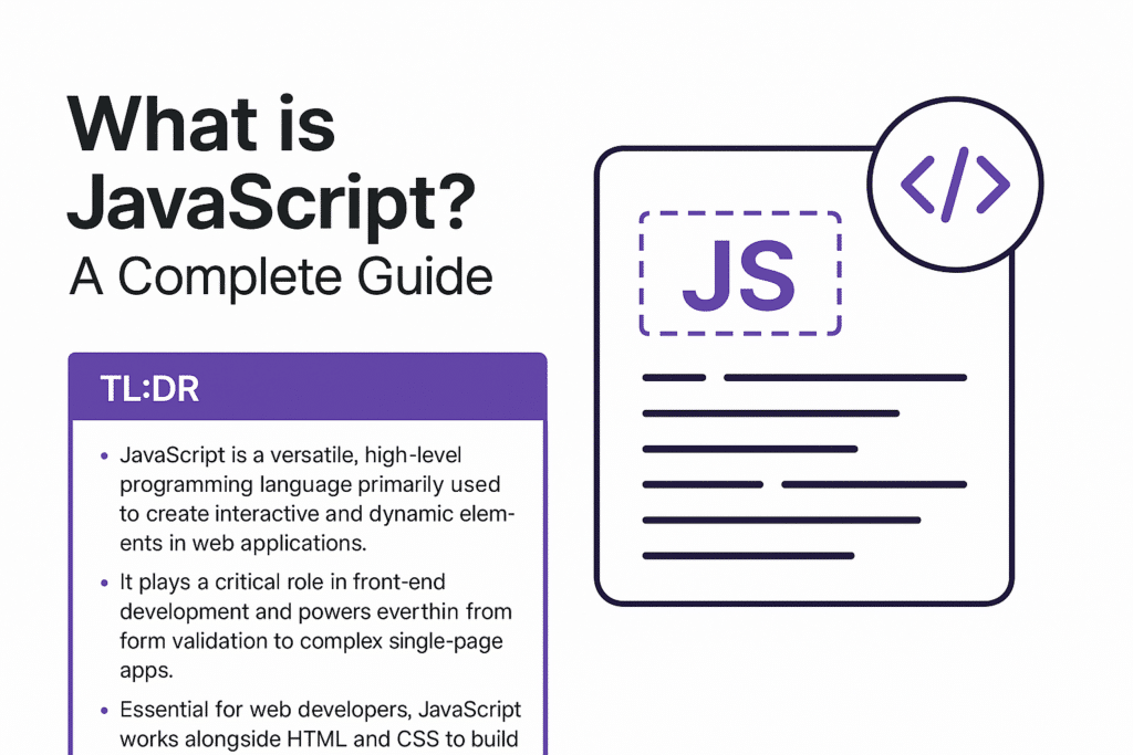 An icon of a JavaScript document with code symbols, representing the foundational role of JavaScript in web development.