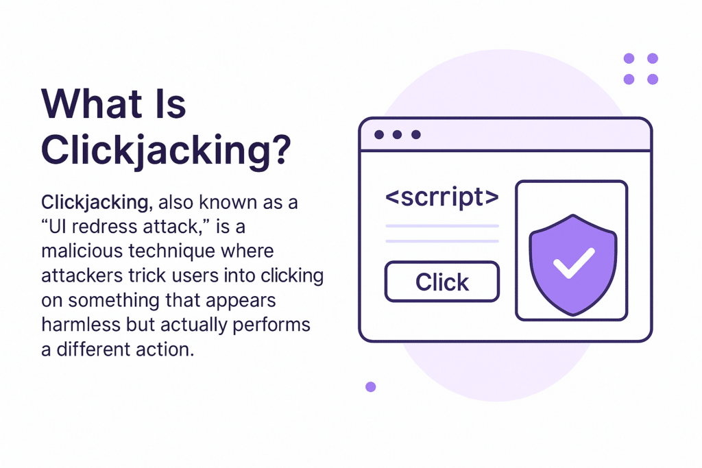 A deceptive click button overlaid on a script element and security icon, representing a clickjacking or UI redress attack.