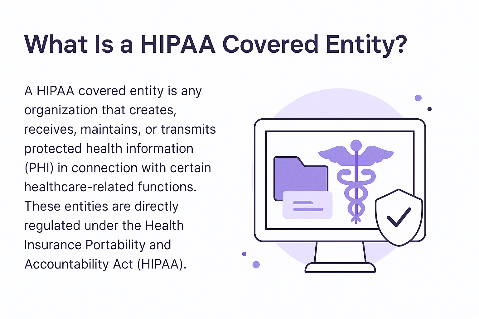 A computer screen displaying a medical caduceus symbol, document icons, and a shield with a checkmark, representing a HIPAA covered entity handling protected health information.