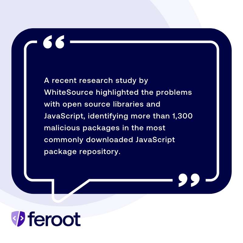 JavaScript web application security: A recent study by WhiteSource highlighted issues with open source libraries and JavaScript, identifying over 1,300 malicious packages in the most downloaded JavaScript package repository.